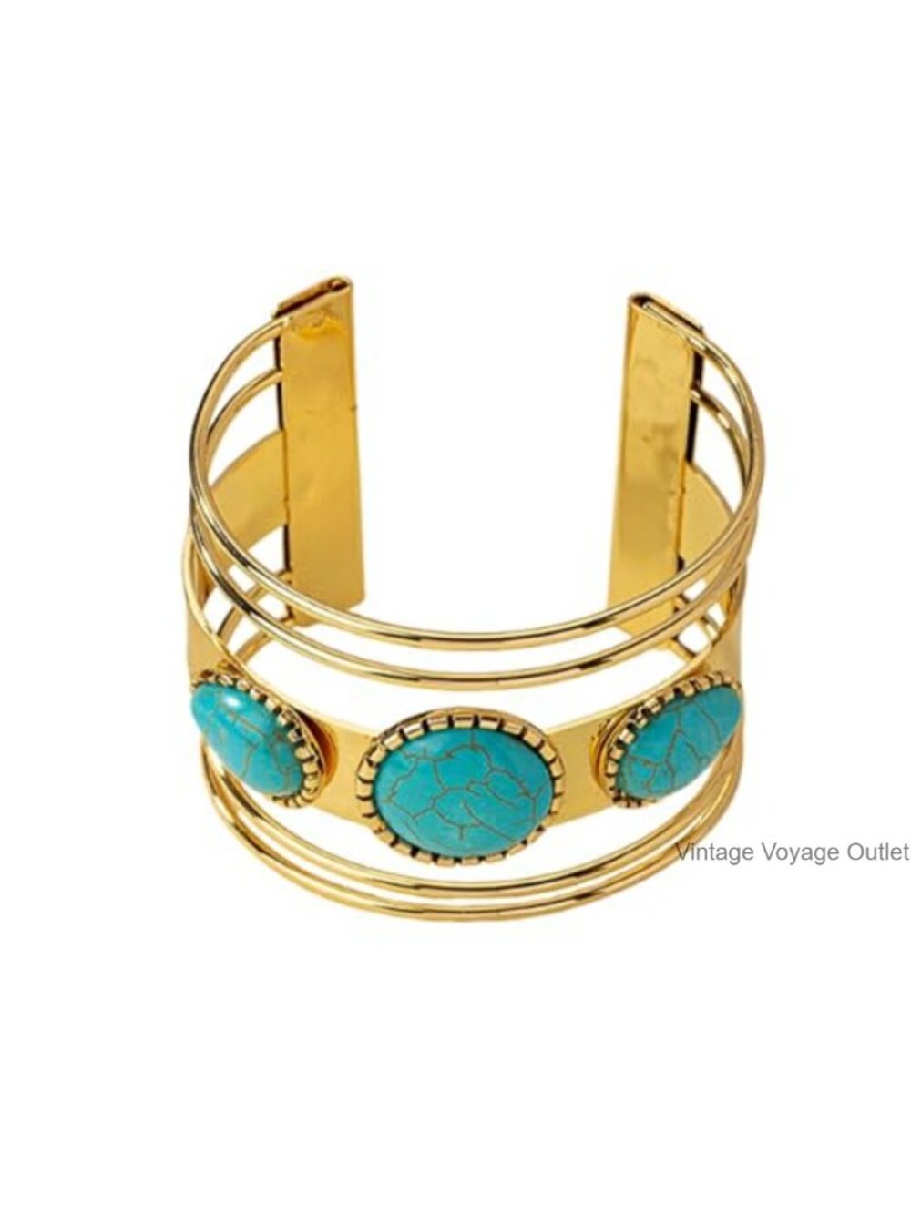Chunky Western Turquoise Cuff Bracelet Boho Gold Tone Wide Bangle